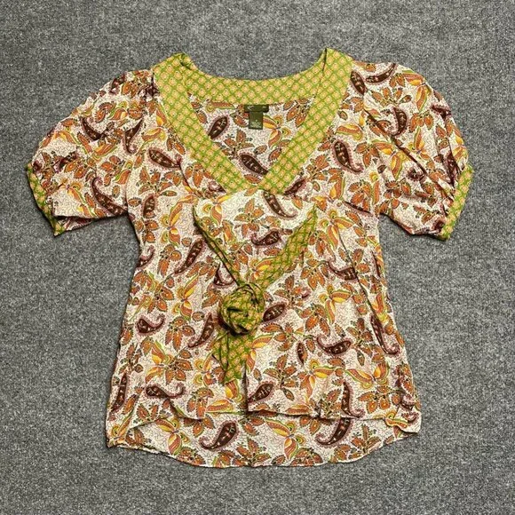 Fei Anthropologie Womens Blouse Multicolor Floral Short Sleeve Sash Belt 2 - Picture 1 of 7